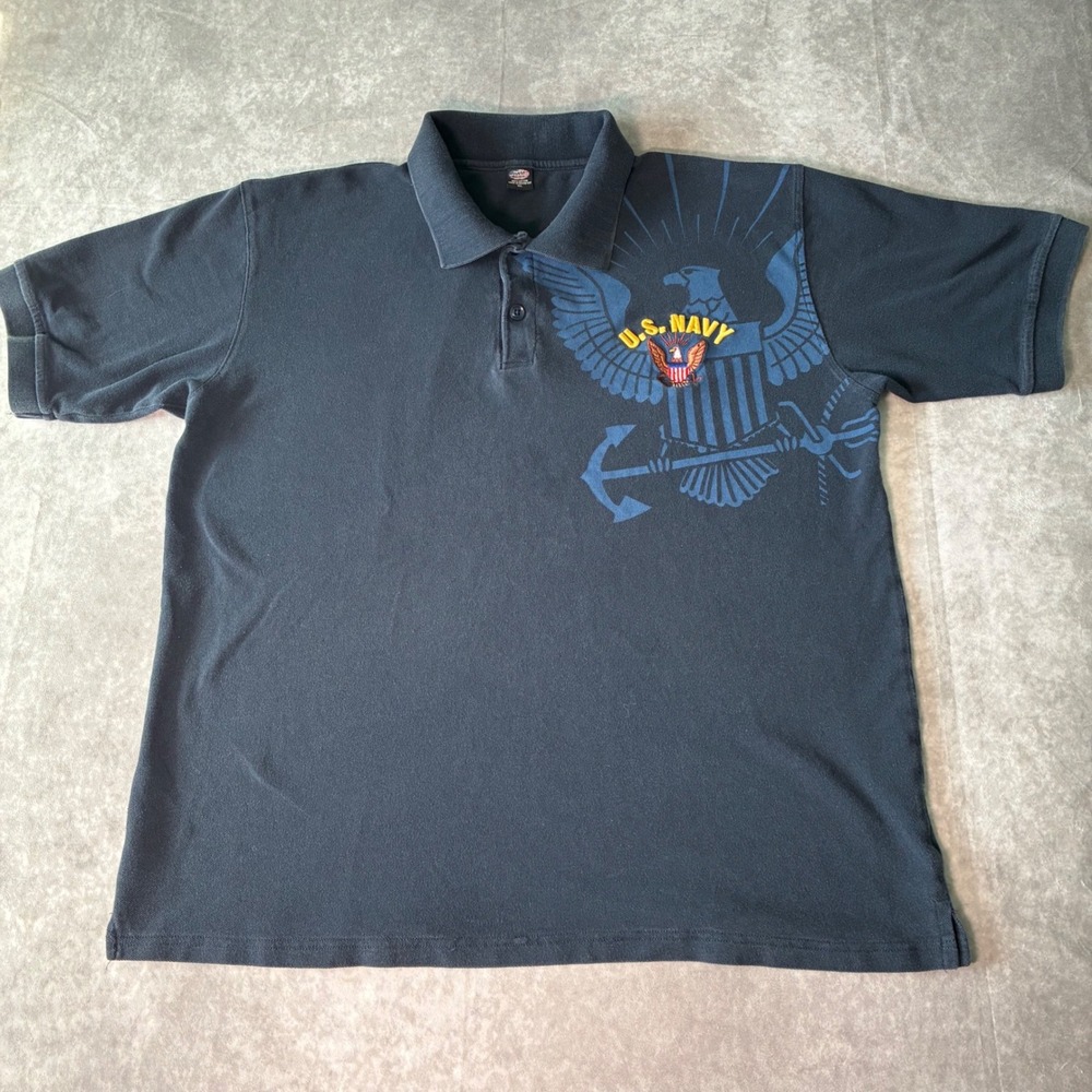 US Navy Polo Shirt Mens XL Blue Short Sleeve Cotton Graphic Eagle Anchor USA